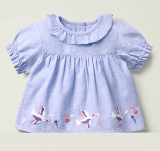 Baby Boden Applique Woven Top in Mid Chambray Birds