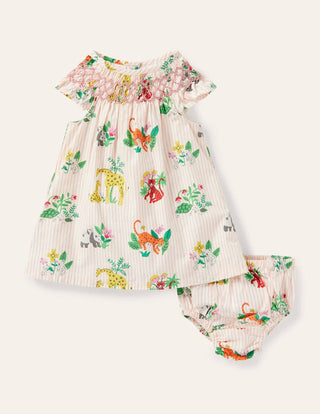 Baby Boden Smocked Dress in Boto Pink Jungle Friends