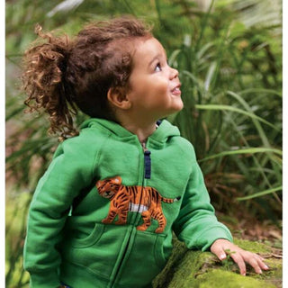 Frugi Baby & Toddler Full Sleeve Hayle Applique Hoody in Glen Green/Tiger