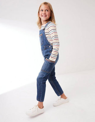 Fat Face Girl's Rainbow Dungarees in Chambray Blue