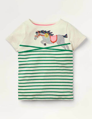 Mini Boden Girl's Horse Applique Breton T-shirt in Highland Green (Slightly Defect)