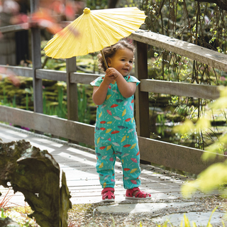 Frugi Girl's Niamh Gathered Playsuit in Pacific Aqua Parasols