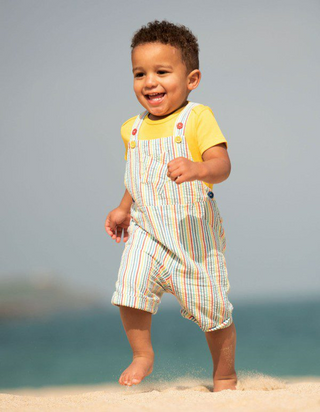 Frugi Boy's Godrevy Dungaree in Multi Seersucker Stripe