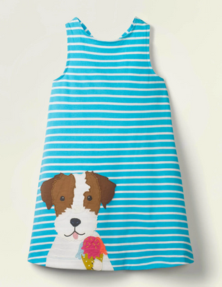 Mini Boden Girl's Applique Jersey Dress in Corsica Blue/White Dog (Slightly Defect)