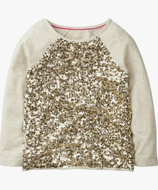 Mini Boden Girl's Sequin Raglan T-Shirt in Ivory Gold