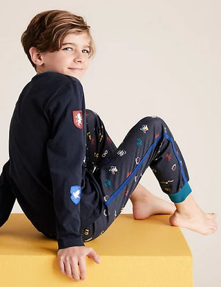 Marks & Spencer Boy's Full Length Hogwarts Printed Pyjamas Set in Navy