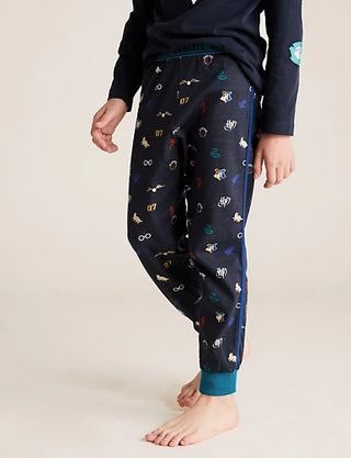 Marks & Spencer Boy's Full Length Hogwarts Printed Pyjamas Set in Navy