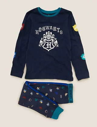 Marks & Spencer Boy's Full Length Hogwarts Printed Pyjamas Set in Navy