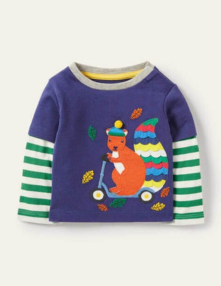 Baby Boden Long Sleeve Fun Applique Animal Jersey T-shirt in Navy Squirrel