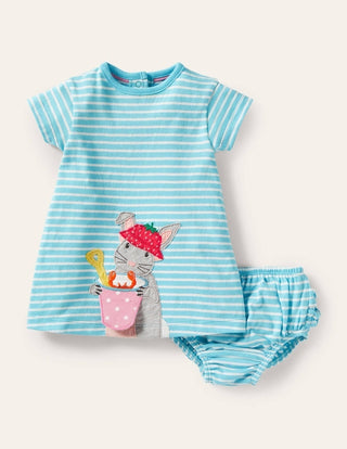 Baby Boden Applique Jersey Dress and Knicker Set in Light Blue Bunny