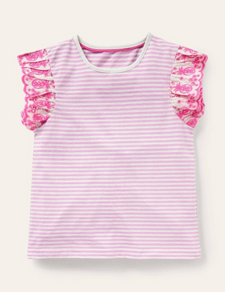 Mini Boden Girl's Stripe Detailed Broderie Sleeve Top in Rosebay Pink / Ivory