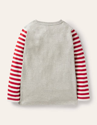 Mini Boden Unisex kids Long Sleeve Festive Applique T-Shirt in Grey Marl/Red