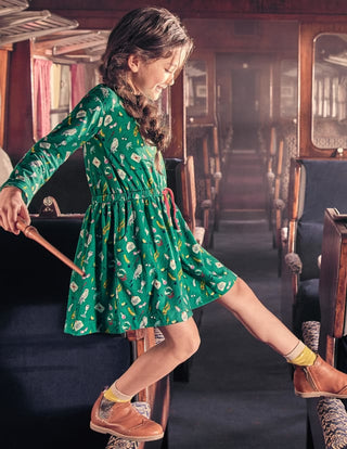 Mini Boden Girl's Hogwarts Printed Dress in Mountain Meadow Green (Slightly Defect)