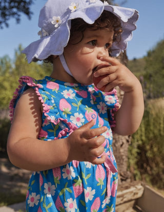 Baby Boden Jersey Ruffle Printed Playsuit in Bright Marina Blue Strawberry