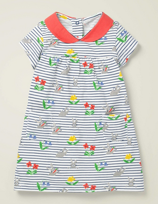 Baby Boden Printed Jersey Collared Dress in Multi Bunny Stripe