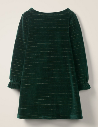 Mini Boden Girl's Sparkle Stripe Velvet Dress in Forest Green