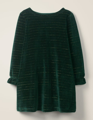 Mini Boden Girl's Sparkle Stripe Velvet Dress in Forest Green