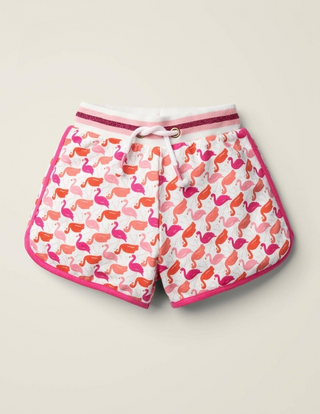 Mini Boden Girl's Sparkle Waist Jersey Shorts in Tutti Fruity Pink Flamingos