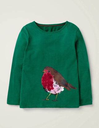 Mini Boden Girl's Sparkly Festive Animal T-Shirt in Green (SLIGHTLY DEFECT)