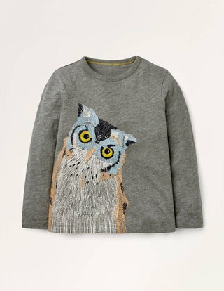 Mini Boden Boy's Superstitch Owl T-Shirt in Charcoal Grey