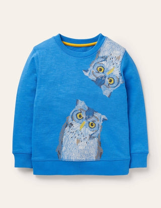 Mini Boden Boy's Cosy Embroidered Superstitch Owl Sweatshirt in Bright Blue