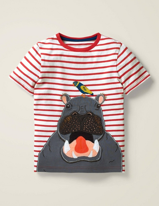 Mini Boden Boy's Wild Animal Applique Stripe T-Shirt in Tomato Red (Slightly Defect)