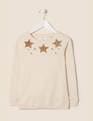 Fat Face Girl's Sequin Star Crew Neck Sweater in Beige