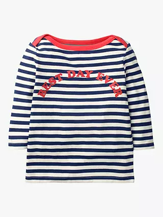 Mini Boden Girl's Best Day Ever Slogan Stripe T-Shirt, Navy