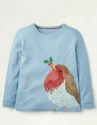 Mini Boden Girl's Festive Superstitch T-Shirt in Light Blue Robin