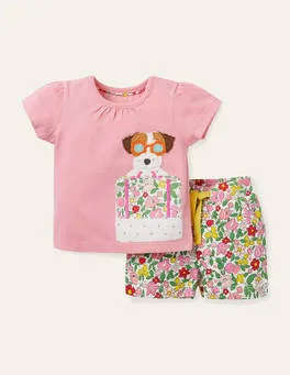 Baby Boden Jersey Applique Short Set in Pink Lemonade Vintage Floral