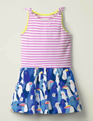 Mini Boden Girl's Hotchpotch Bow Jersey Dress in Surfboard Blue Tropical Birds (Slightly Defect)