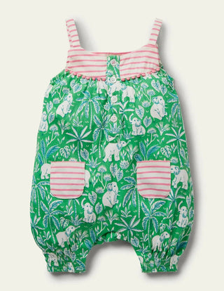 Baby Boden Kids' Printed Jersey Strappy Romper in Aloe Green Elephant Palm