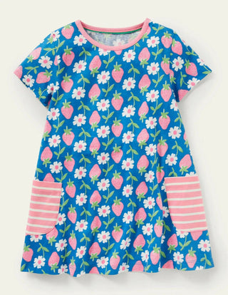 Mini Boden Girl's Short Sleeved Printed Tunic Marina Blue Strawberry Stamp (Slighty Defect)