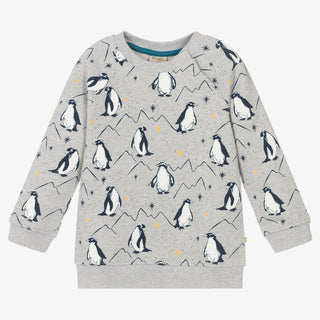 Frugi Boy's Long Sleeve Rex Printed Sweatshirt in Grey Marl Penguin Huddle