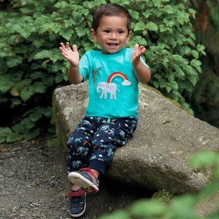 Frugi Boy's Little Creature Applique T-Shirt in Green Elephant