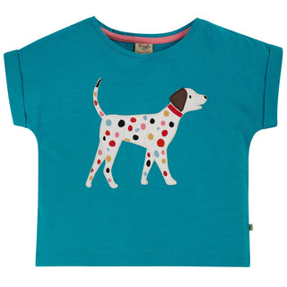 Frugi Girl's Sophia Slub Camper Dalmatian T-Shirt in Blue Dog