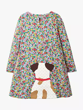 Mini Boden Girl's Long Sleeve Floral Dog Applique Dress- Multi Floral Hotchpotch