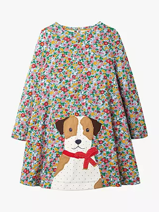 Mini Boden Girl's Long Sleeve Floral Dog Applique Dress- Multi Floral Hotchpotch