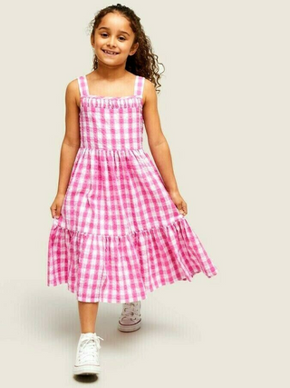 John Lewis & Partners Seersucker Check Tiered Dress in Pink