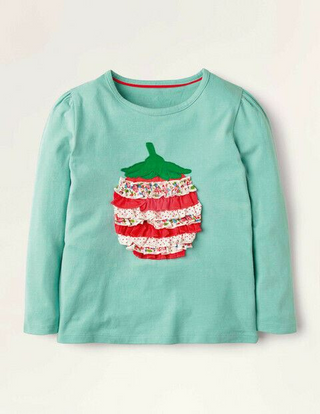 Mini Boden Girl's Ruffle Applique T-shirt in Green/Strawberry