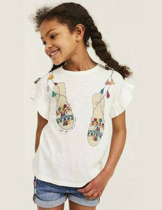 Fat Face Girl's Natural Sandals Graphic T-Shirt- Ivory/Mlt