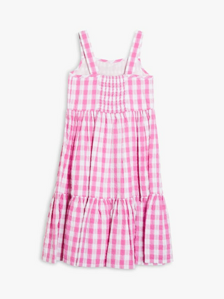 John Lewis & Partners Seersucker Check Tiered Dress in Pink