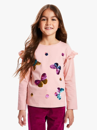 John Lewis & Partners Girl's Sequin Butterfly Top in Pink