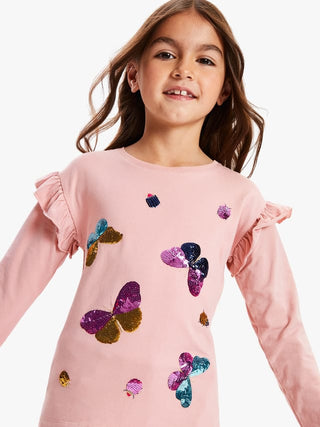 John Lewis & Partners Girl's Sequin Butterfly Top in Pink