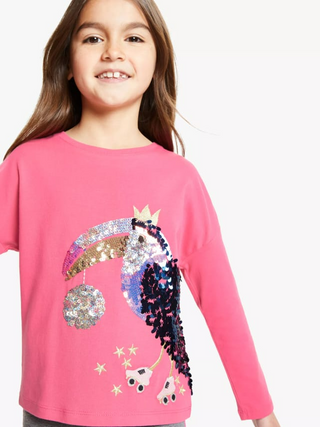 John Lewis & Partners Sequin Toucan Stretch Cotton Long Sleeve T-Shirt in Pink