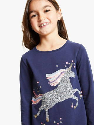 John Lewis & Partners Sequin Unicorn Stretch T-Shirt in Peacoat Navy