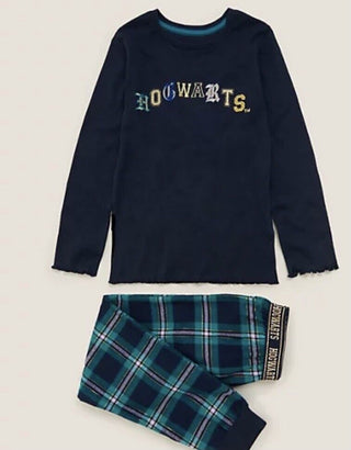 Marks & Spencer Girl's Full Length Hogwarts Printed Pyjamas Set in Gingham/Navy