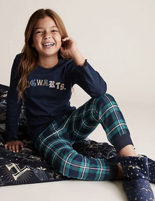 Marks & Spencer Girl's Full Length Hogwarts Printed Pyjamas Set in Gingham/Navy