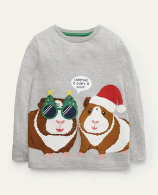 Mini Boden Boys' Long Sleeve Festive Animal Applique T-Shirt in Grey Marl Genuia (Slightly Defect)