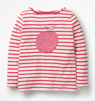 Mini Boden Girl's Stripe Apple Applique Breton Top in Ivory/ Red